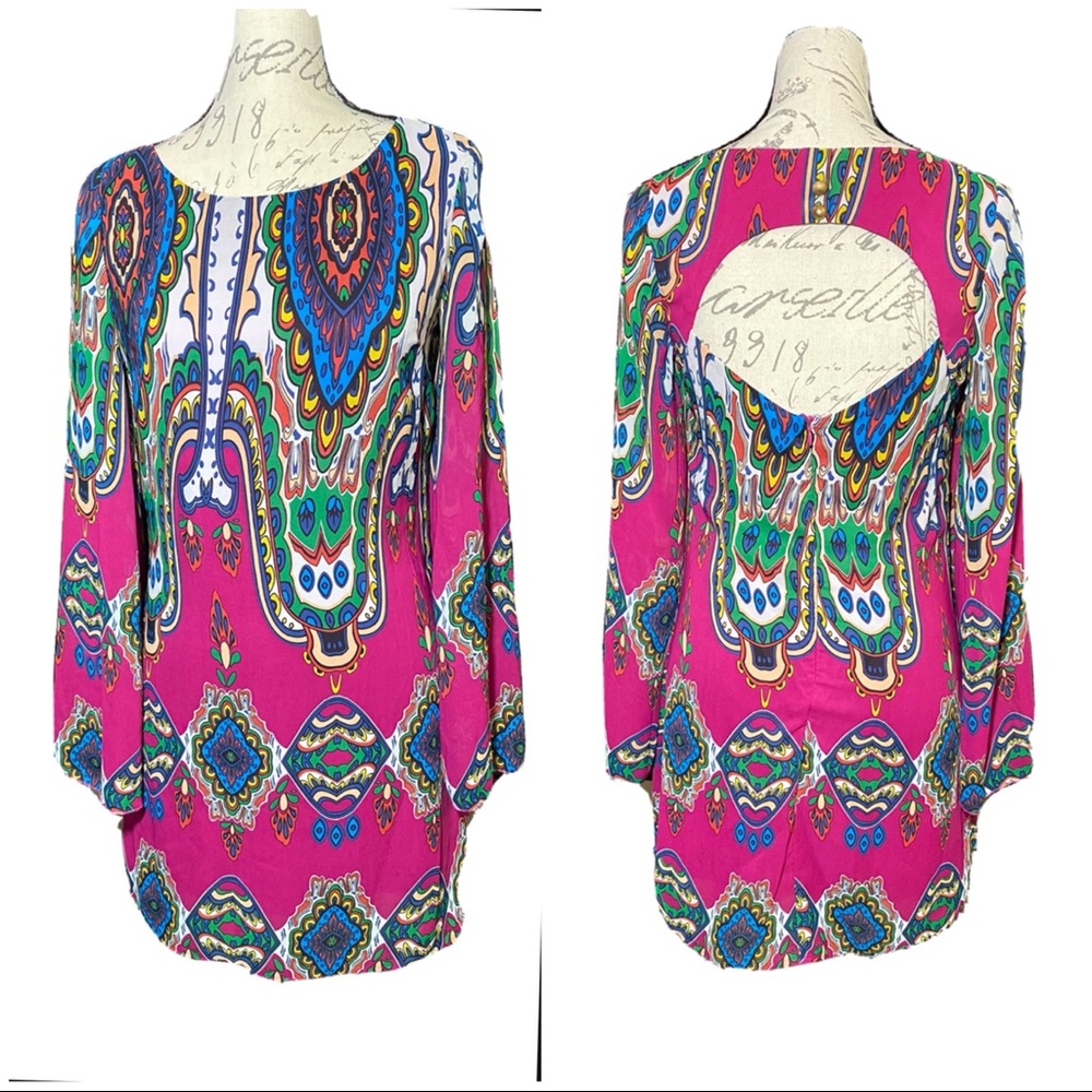 HELLO MISS Women’s Flare Long Sleeve Cut Out Back Botanical Print Dress Size S/M - Picture 2 of 5